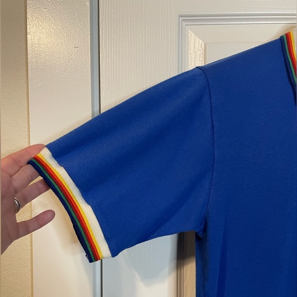 VTG Sea Waves blue ‘Hawaii’ polo shirt w/ rainbow collar & sleeve detail sz L - Picture 3 of 11